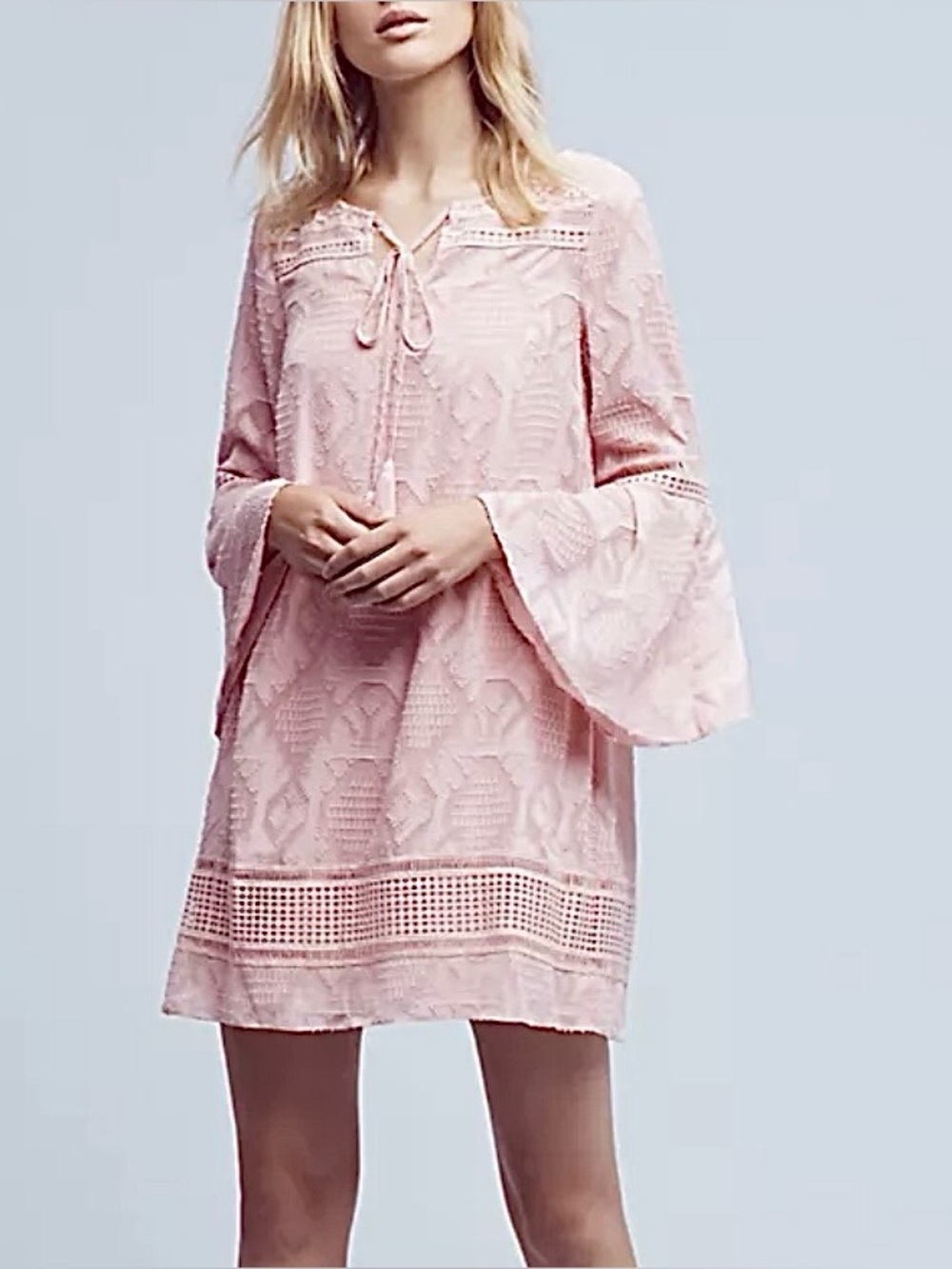 Floreat x Anthropologie ESME Bell Sleeve Pink Textured Shift Mini Dress 2 NEW